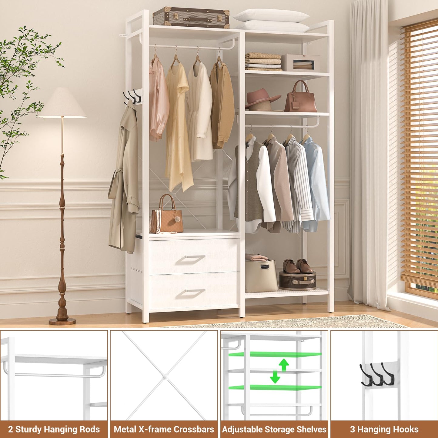 78.7'' Clothes Rack for Hanging Clothes - Reversible Clothing Rack with 2 Drawers, Heavy Duty Garment Racks with Shelves, 6 Tiers Freestanding Portable Closet Wardrobe System with Hanging Hooks, White