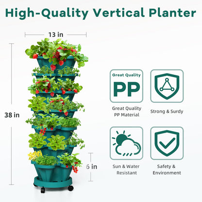Tectsia Strawberry Vertical Planters Tower Garden, 7 Tiered Stacking Herb Vegetable Planter with Support Pole Indoor and Outdoor - Hunter Green