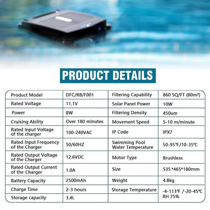 Solar Pool Skimmer with 2500Mha Battery/Large Capacity Debris Basket, Automatic Pool Cleaner, Dual Mode Cleaning, Intelligent Route Planning