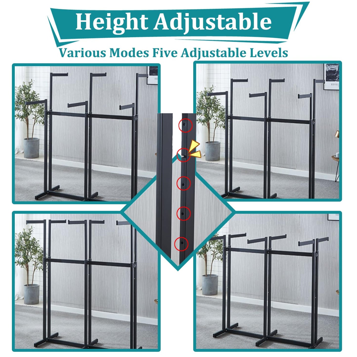 rcqeuiol Clothing Display Racks for Retail, Floor Standing Metal Garment Rack with Wheels, 6 Arms Heavy Duty Retail Display Racks for Hanging Clothes, Adjustable Shirt Rack, Black