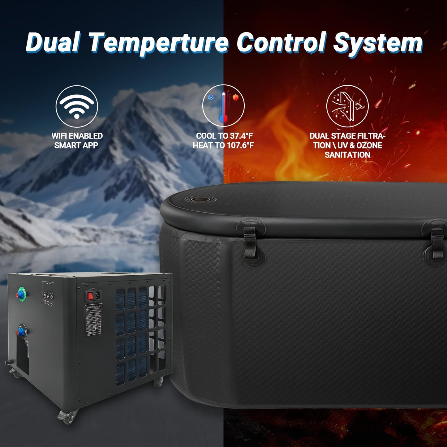 Ice Bath Water Chiller for Cold Plunge Tubs, 1HP Upgraded Cold Plunge Chiller & Hot Water Heater - 37.4° to 107.6°F- 110V Cooling Chiller Ideal for Ice Bath Cold Therapy Recovery