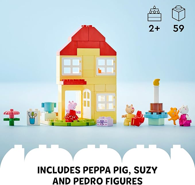 LEGO DUPLO Peppa Pig Birthday House Playset with 3 Animal Figures Educational Toy for 2 Year Olds Buildable Dollhouse for Creative Role Play Peppa Pig Toy for Girls Boys and Toddlers 10433