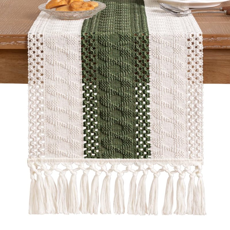 Socomi Boho Table Runner Summer Farmhouse Rustic Dining Kitchen Centerpiece Decor Small Macrame Woven Cotton Linen Coffee Table Runner for Dresser Scarf Home Decor 12x48 inch Olive Green
