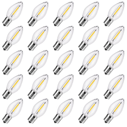 Minetom C7 LED Replacement Bulbs, Warm White Transparent, Shatterproof, 50 Count, C7/E12 Base for Christmas Lights