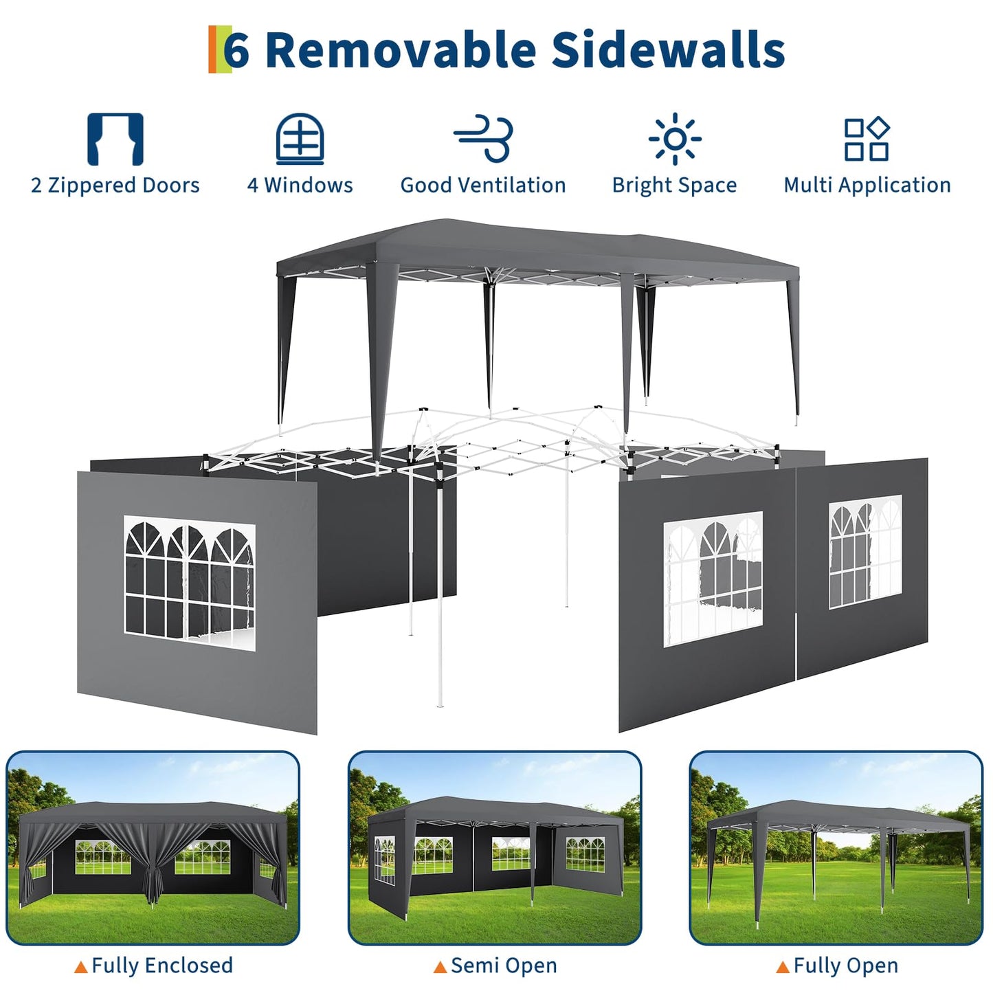 10x20 ft Pop Up Canopy Tent with 6 Removable Sidewalls, Easy Up Commercial Party Tent, 3 Adjustable Heights, Heavy Duty Waterproof Outdoor Canopy with Stakes & Ropes for Events, Wedding, Market