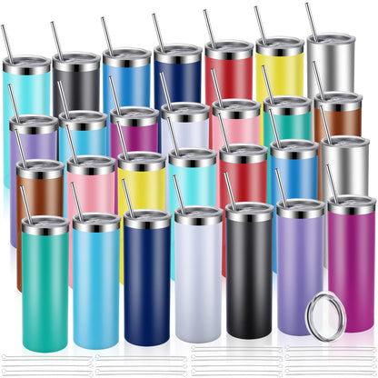 Remagr Skinny Tumblers Bulk 20 oz Stainless Steel with Lids and Straws Blank Slim Insulated Cup Double Layer Water Cups for Travel, DIY(Bright Color,28 Pcs)