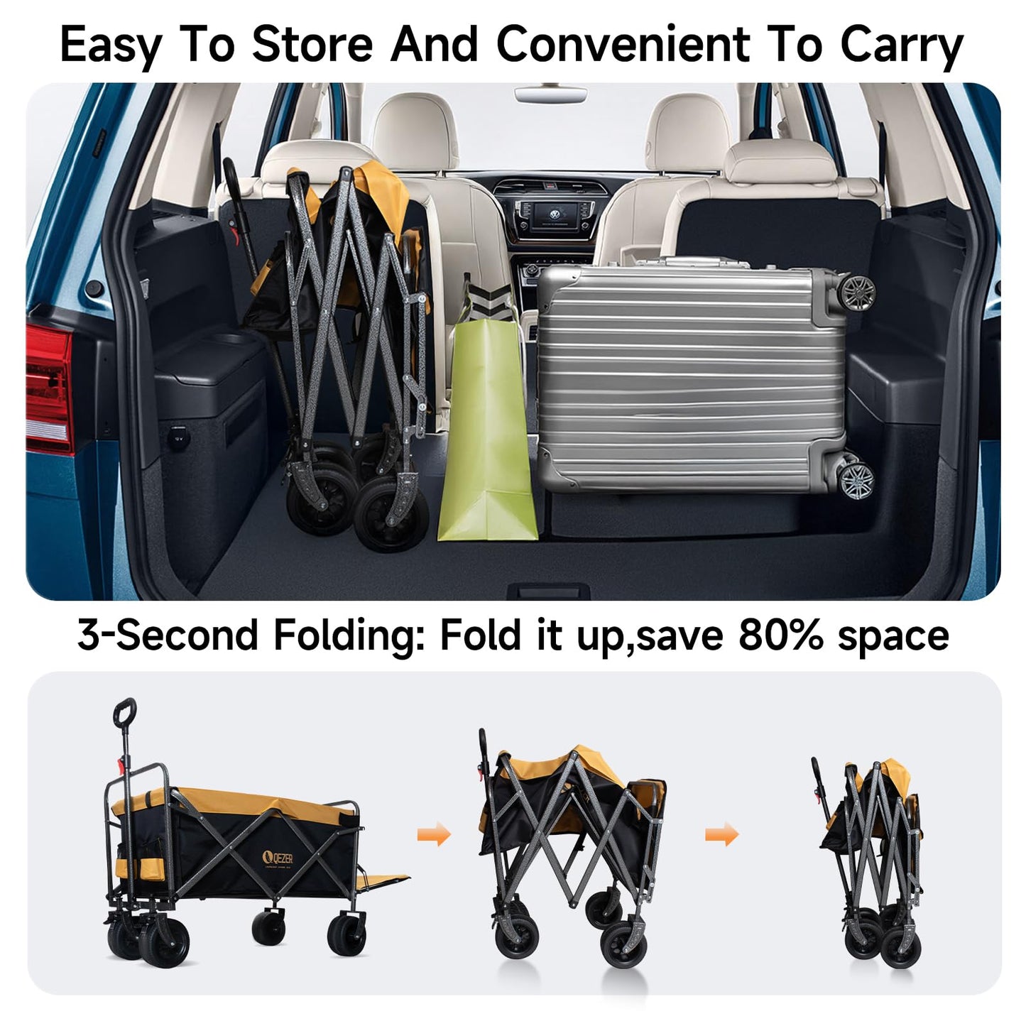 QEZER 56" Large Collapsible Folding Wagon with Tailgate and Brake, 600LBS Heavy Duty Utility Cart, 250L Large All-Terrain Beach Wagon for Camping Garden Shopping Grocery Sports (Yellow, 250L)