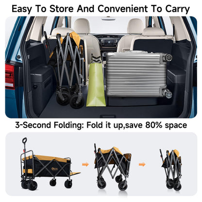 QEZER 56" Large Collapsible Folding Wagon with Tailgate and Brake, 600LBS Heavy Duty Utility Cart, 250L Large All-Terrain Beach Wagon for Camping Garden Shopping Grocery Sports (Yellow, 250L)
