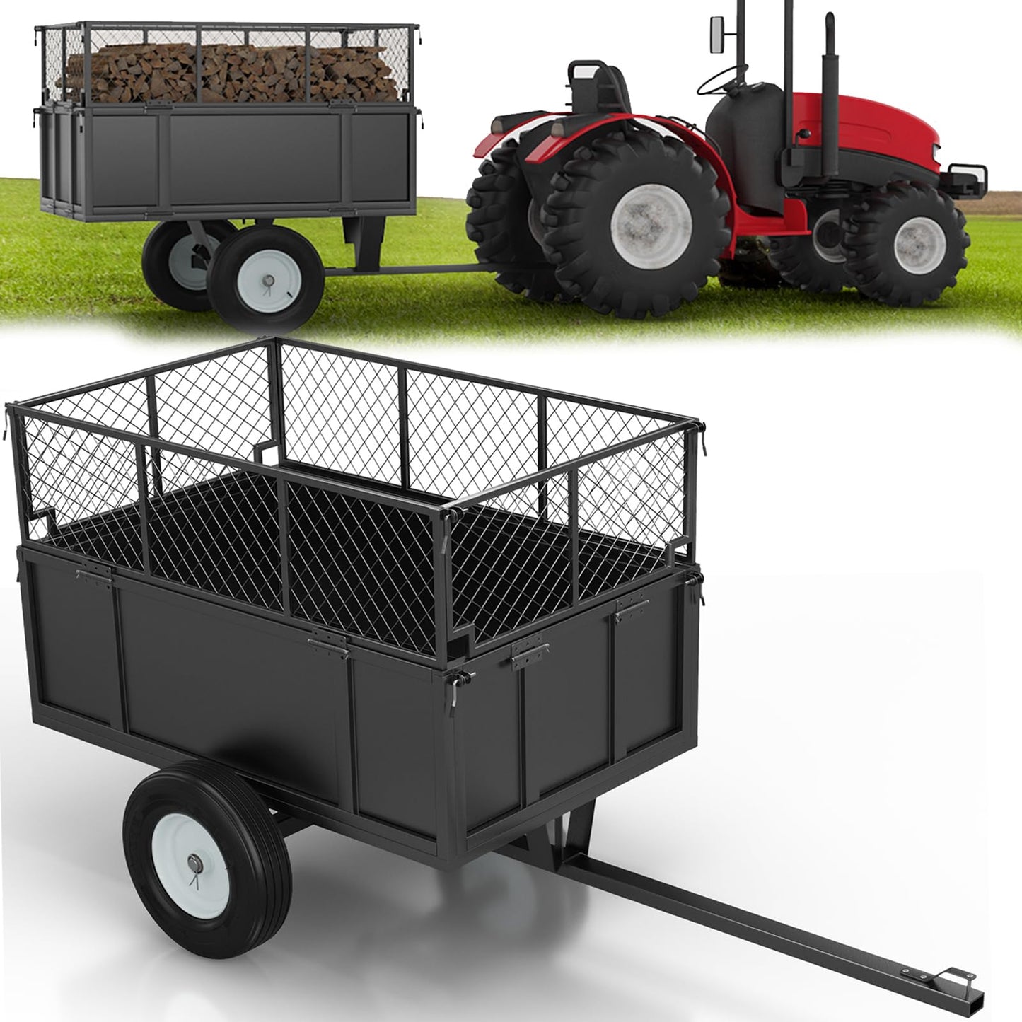 Garvee GarveeTech Heavy Duty 750 LBS Utility Trailer – 17 Cu Ft ATV Dump Trailer with Removable Sides, Pneumatic Tires & Quick-Dump Pull-Behind Yard Cart for Tractors, UTV, Lawn Mowers