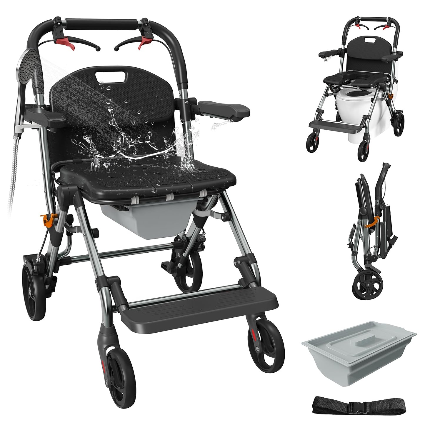 Portable Bedside Commode Chair 3-in-1, Foldable Toilet Chair with Raised Seat & Shower Chair, for Use with Wheelchairs for Adults, Heavy Duty Commode for Elderly, Disabled, Supports 330 lbs (BLACK)
