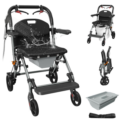 Portable Bedside Commode Chair 3-in-1, Foldable Toilet Chair with Raised Seat & Shower Chair, for Use with Wheelchairs for Adults, Heavy Duty Commode for Elderly, Disabled, Supports 330 lbs (BLACK)