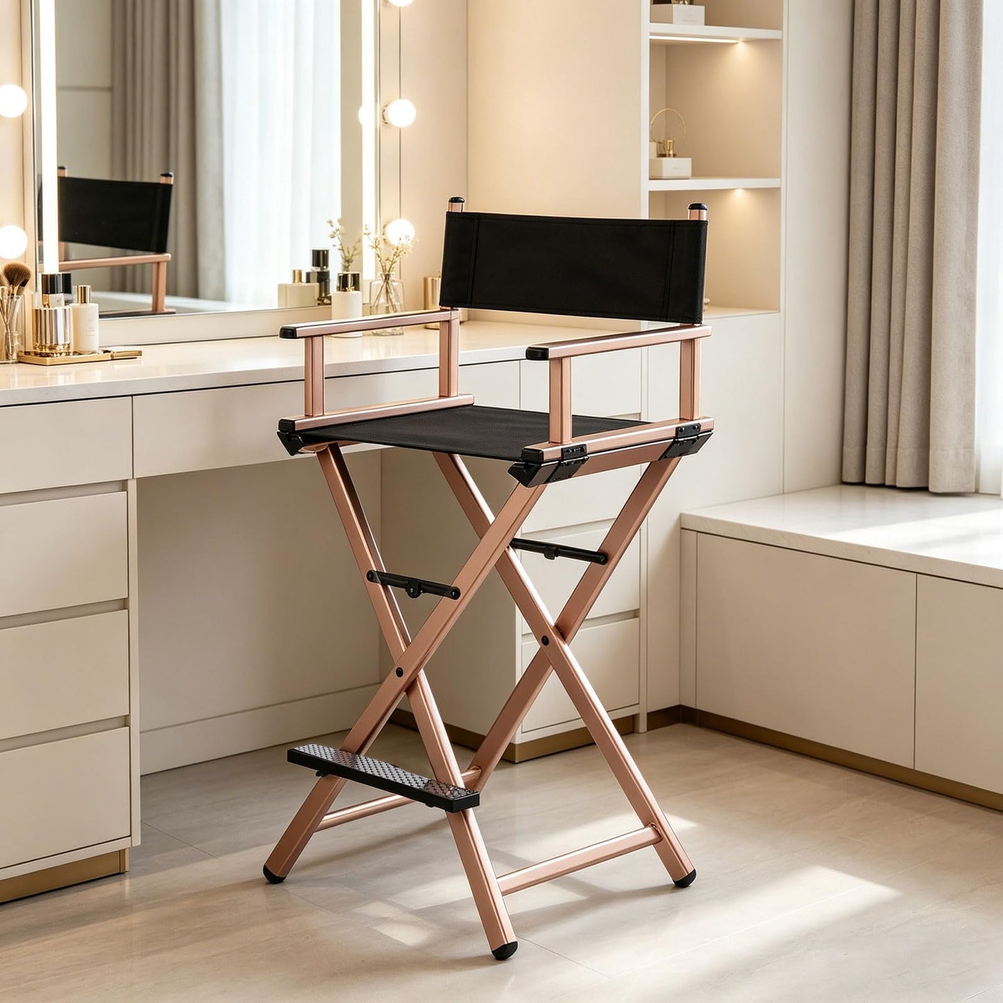 GDGYOFN 30'' Aluminum Tall Directors Chair, Portable Makeup Chair for Makeup Artist, Makeup Chair Teachers Chair Only 10.15LB, Rose Gold
