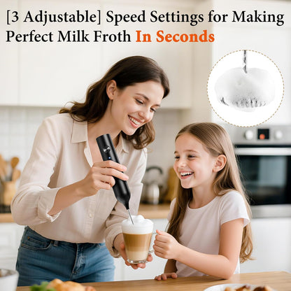 Skiennix Milk Frother - Rechargeable Handheld Drink Mixer with 3 Speed Settings & 3 Whisks | Black