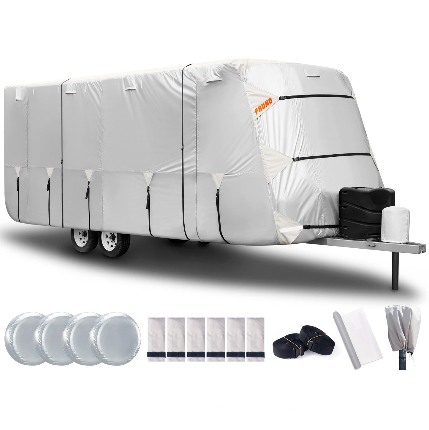 FRUNO Oxford Fabric Travel Trailer Cover RV Cover 22'-24' Waterproof Rip-Resistant Anti-UV Camper Cover for Winter Snow with Jack Cover 4 Tire Covers and Gutter Covers