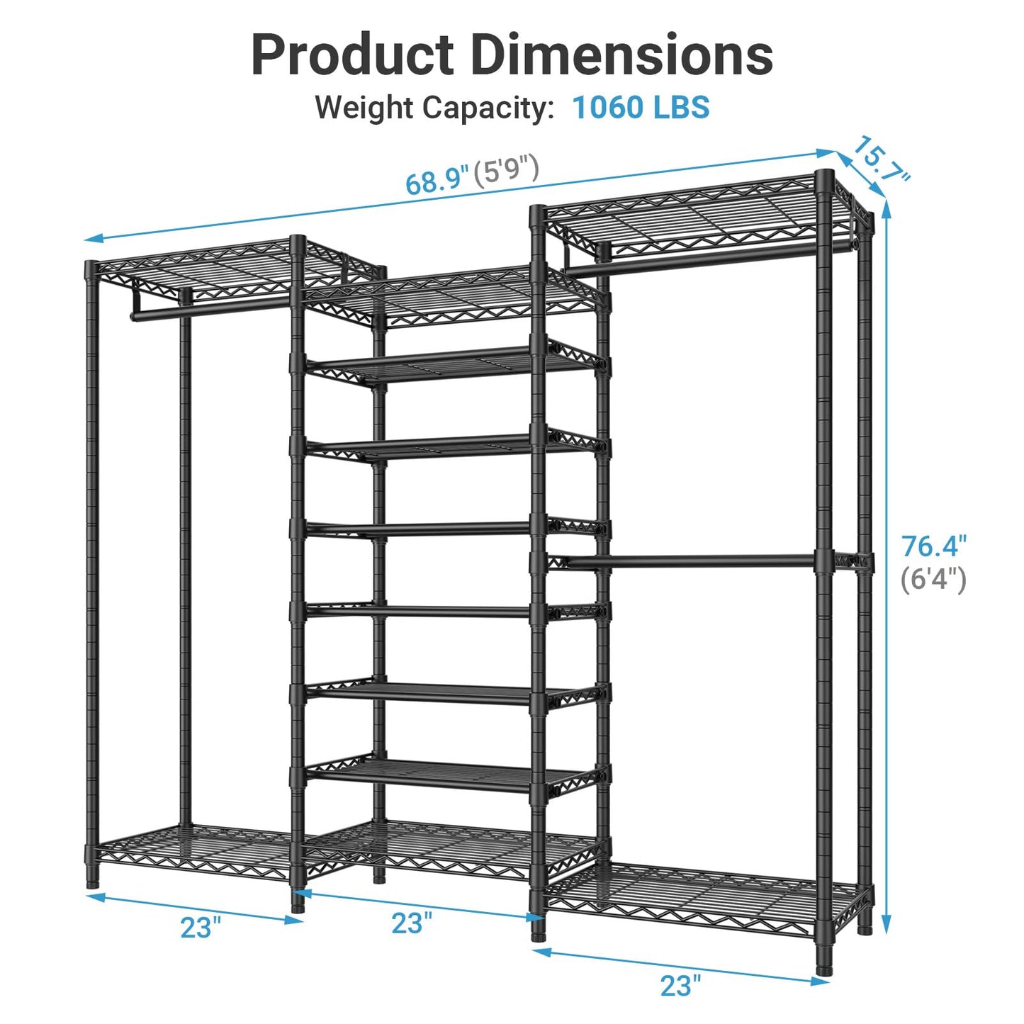 VIPEK S3 Heavy Duty Garment Rack Freestanding Clothes Rack Closet Storage Organizer Large Wardrobe with 8-Tier Shoe Rack, Hanging Rod, Adjustable Shelf, 68.9" L x 15.7" W x 76.4" H, Black