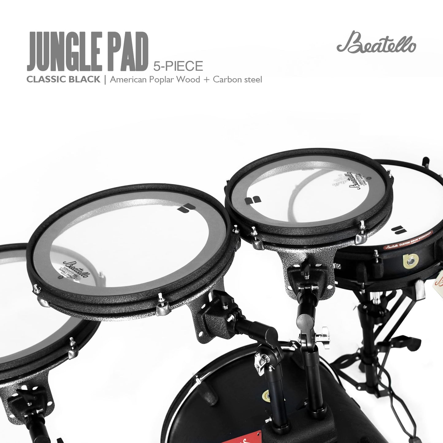Beatello Jungle Pad Compact Portable Adult 5pc Drum Set, 1.5 inches ultra-thin steel drum Cavity,14 Inches Complete Full Size Kit with Bass, Toms, Snare, Floor,Stands, Hi-Hat Pedal,Drum Pedal,Black