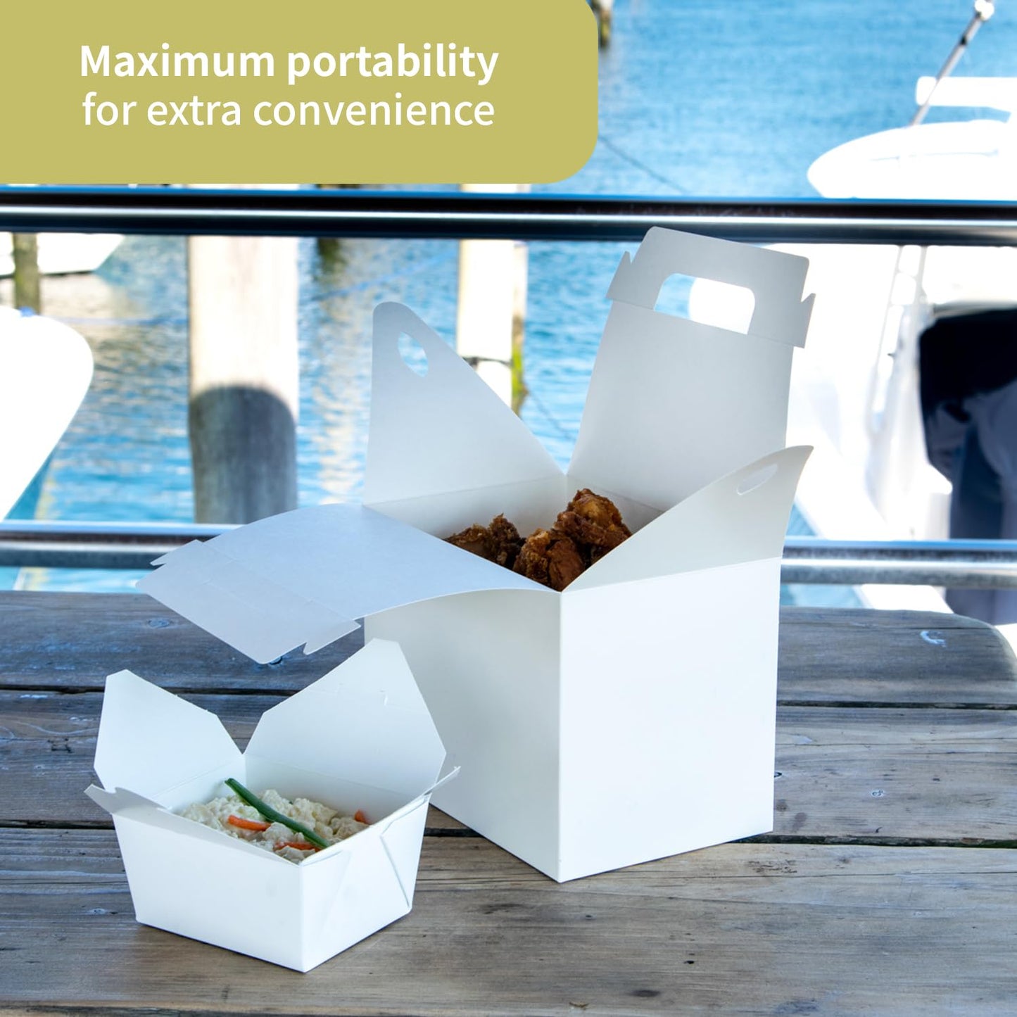 FC Meyer Packaging MeyerBarn White Glossy Chicken Gable Boxes with Handles, Durable Cardboard Food Take Out Cartons, Barn Style Box for Fried Chicken & Meals, 10lb, 8" L x 6" W x 5" H (Pack of 100)