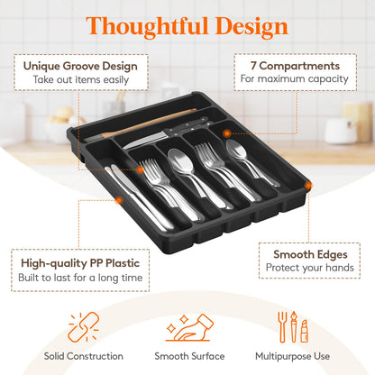Lifewit Silverware Organizer with Lid, Covered Utensil Tray for Kitchen Drawer and Countertop, Plastic Cutlery and Flatware Storage Box for Spoons Forks Knives Holder Case, 6 Compartments, Black