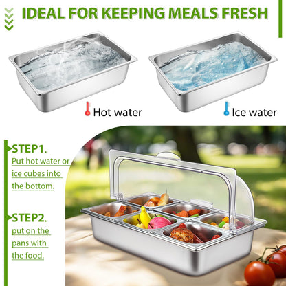Ziliny 6 Pan Countertop Ice Food Serving Display Container with Clear Roll Top Cover, Stainless Steel Serving Tray Buffet Condiment Dispenser for Restaurant Hotel Kitchen Party