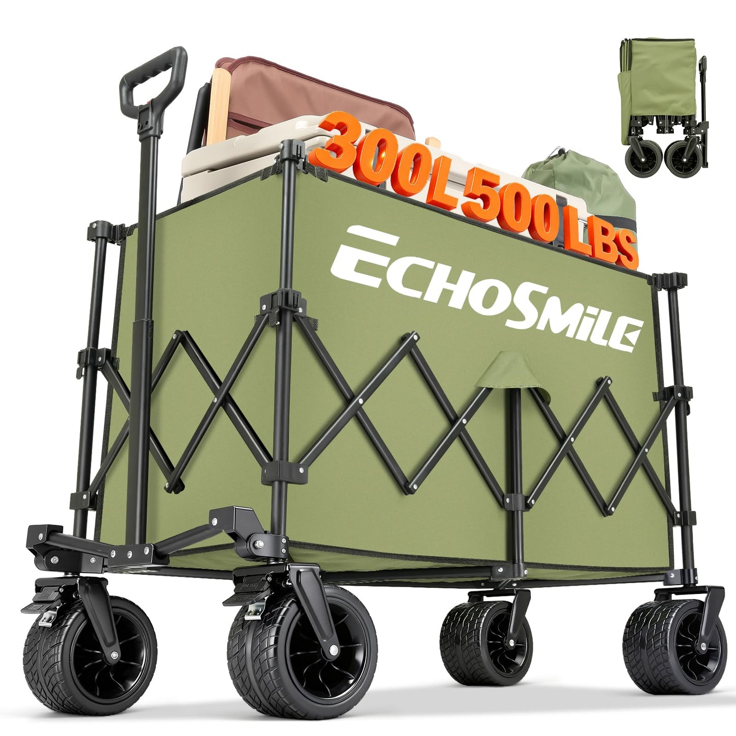 EchoSmile Collapsible Foldable Extended Wagon with 500Lbs Weight Capacity, 300L Folding Utility Wagon Cart with Big All-Terrain Wheels for Beach,Sport,Garden&Grocery (Green)