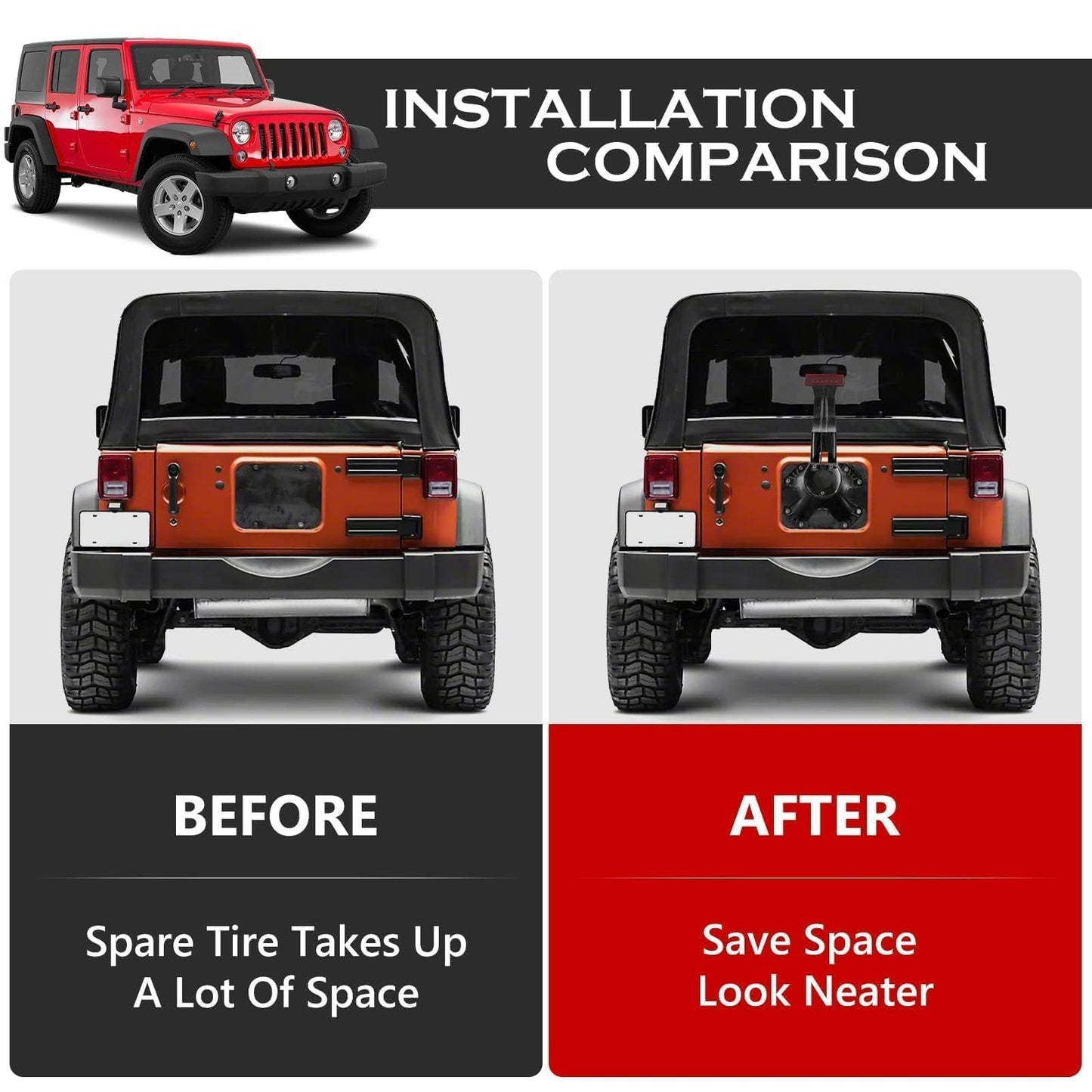 DKMGHT Spare Tire Holder Mounting Bracket Tire Carrier for Jeep Wrangler JK 07-18 with 3rd Third Brake Light Accessories 55397217AJ 68048581AA Aluminum Alloy Carrier Bracket(Red Lens)