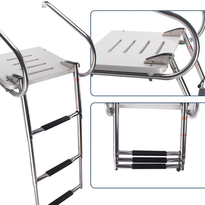 3-Step Boat Ladder with Swim Platform,Stainless Steel Dock Ladder with ABS Swim Platform 2 Handrails,500LBS Telescopic Boarding Ladder Dive Ladder for Pontoon Yacht