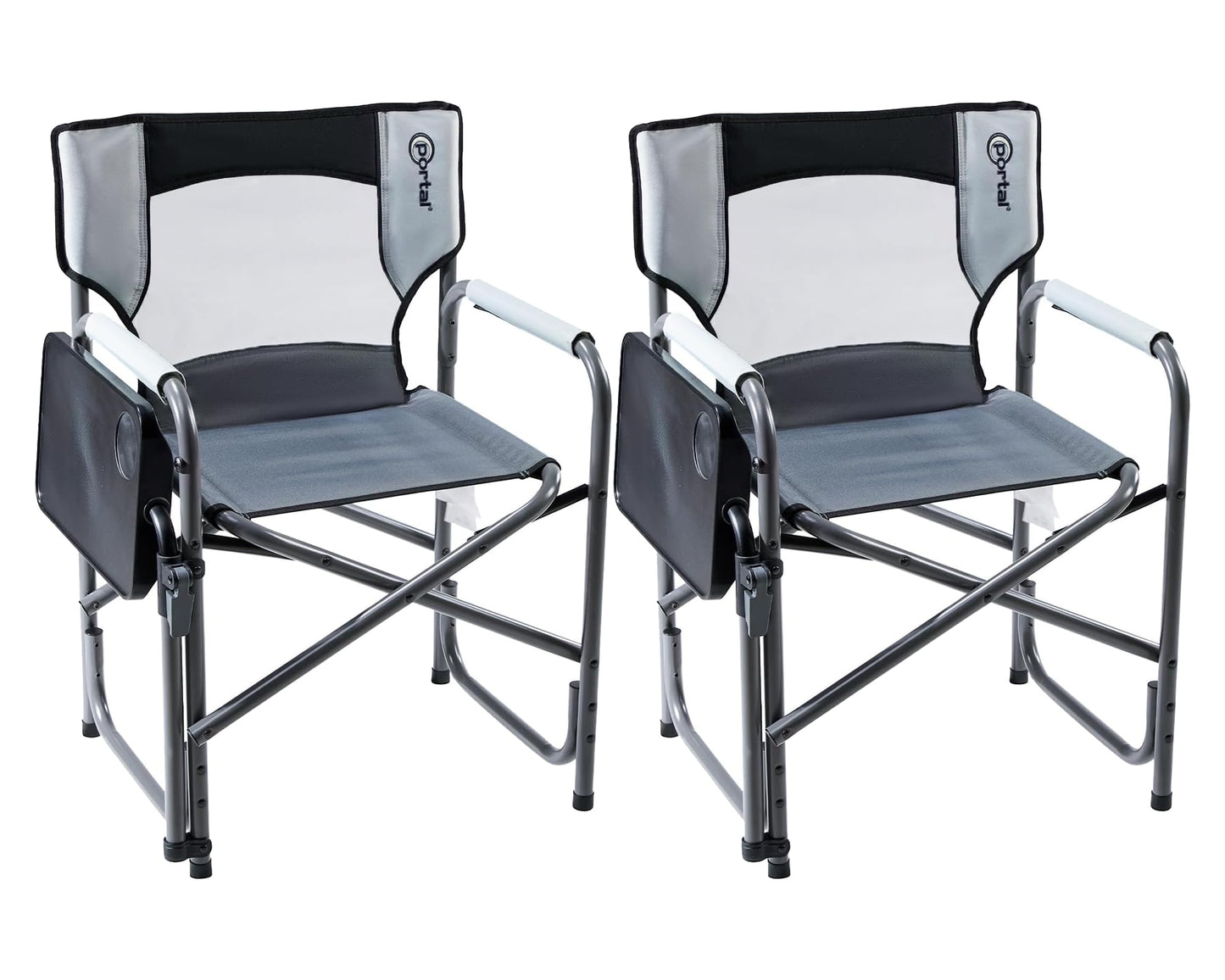 Portal Folding Director Chair with 2-Way Rotating Side Table, Heavy Duty 300 lb Camping Chair with Swivel Tray & Cup Holder, Ergonomic Mesh Back Portable Outdoor Seat for RV, Tailgating & Lawn, Grey