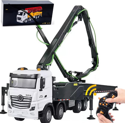 18.9 Inches 11 Channel Remote Control Cement Pump Truck 1/18 Scale 1-Batteries 2.4Ghz RC Concrete Construction Vehicle with Water Pump for 14y+ Beginnes (Grey 8-Wheels)