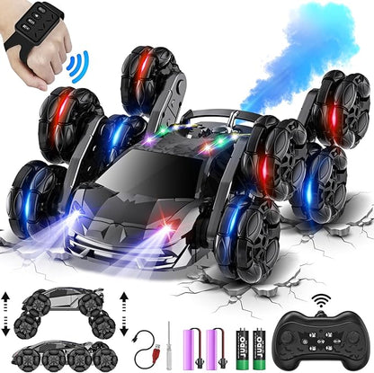 8WD Remote Control Car2.4GHz Gesture Sensing RC Stunt CarCool Spray Rotation RC Car with Lights and MusicAll Terrain Toys for Ages 5-7 Birthday Gifts for Boys Girls(Black)