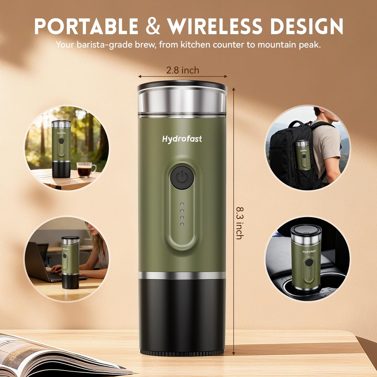 Hydrofast Portable Electric Espresso Machine, Self-Heating Travel Coffee Maker with 7800mAh Battery, USB-C Rechargeable, Compatible with Ground Coffee & Capsules, Maker for Camping, Office, Car