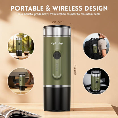 Hydrofast Portable Electric Espresso Machine, Self-Heating Travel Coffee Maker with 7800mAh Battery, USB-C Rechargeable, Compatible with Ground Coffee & Capsules, Maker for Camping, Office, Car