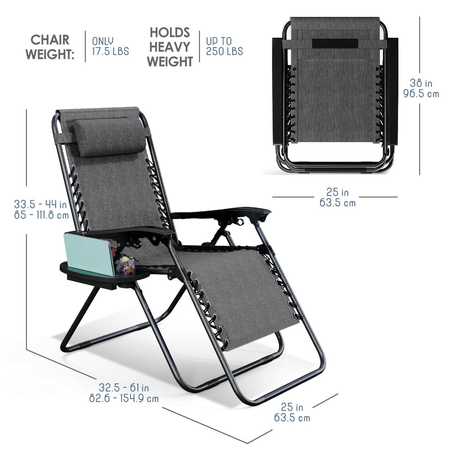 Nestl Zero Gravity Chairs Set of 2, Patio Lounge Chair Outdoor with Pillows & Cup Holder Trays, Adjustable Steel Mesh Reclining Camping Chair, Folding Patio Lawn Chair for Deck, Beach, Yard - Grey