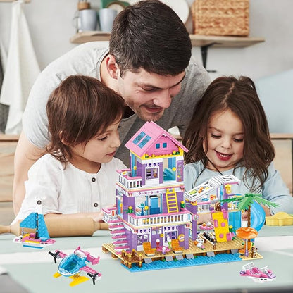 955 Pcs Friends Seaside Villa Building Set Beach House Building Block Toys STEM Creative Vacation Hut Brick Kit with HelicopterSailboatYachtBirthday Gifts for Kids Girls Boys Age 6-12+