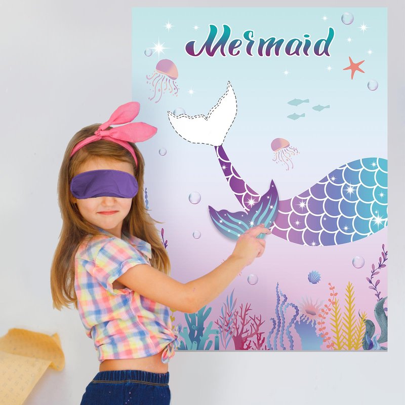 Pin The Tail on The Mermaid Party Game with 24 PCS Tails for Kids Girls Birthday 21'' x 28'' (Mermaid)