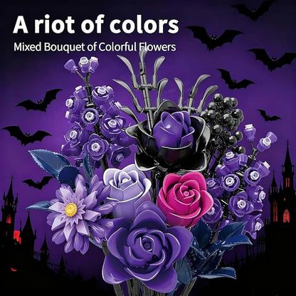 Purple Roses Bouquet Building Set 882PCS Compatible with Lego Artificial Flower Everlasting Gothic Roses for Home Décor Gift for Halloween Romantic Valentine’s Day Mother’s Day Anniversary
