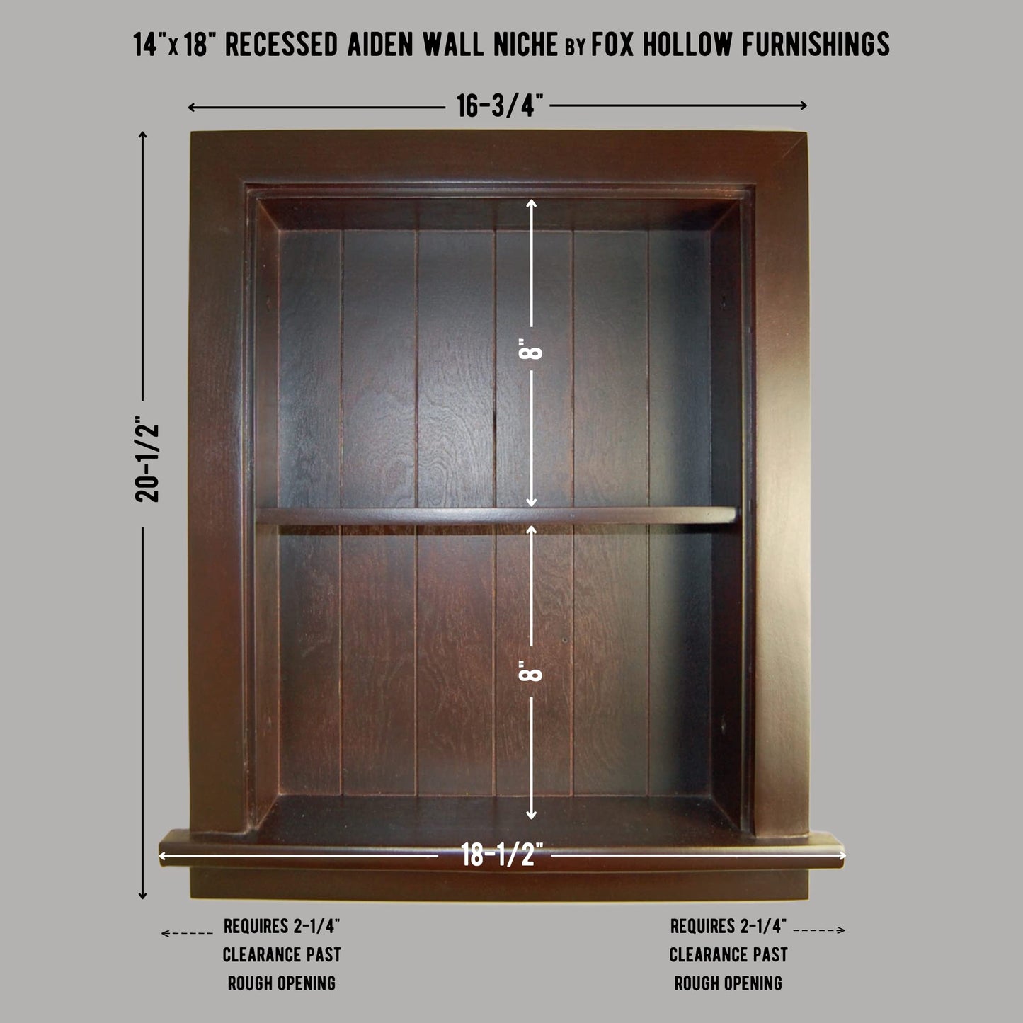 Fox Hollow Furnishings 14x18 Aiden Recessed Wall Niche Medicine Cabinet Replacement, in The Wall Bathroom Cabinet Insert Shelf/Shelves, Made in North America, Real Wood, NO MDF, Beadboard, Dark Brown
