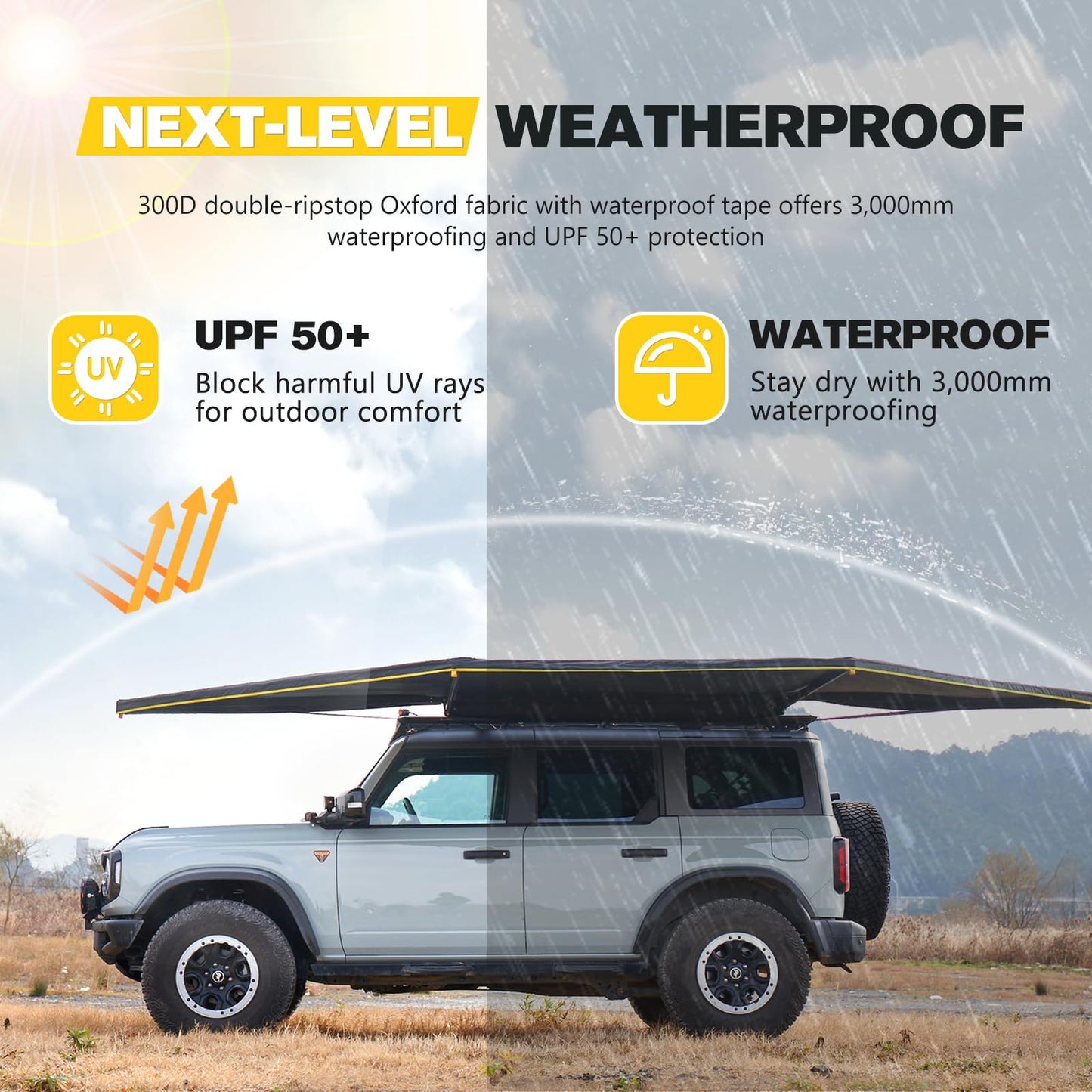 BUNKER INDUST 180 Degree Awning Free Standing, Vehicle Overland Awning Built-in LED Light - Three Colors, Car Driver Passenger Side, Waterproof Wind Resistant for SUV Van Truck Camper
