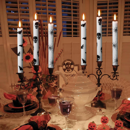 Wondise Halloween Flameless Taper Candles with Remote & Timer, Battery Operated with Spider Web, Bats, Skull, Real Wax 3D Wick LED Candles for Halloween Decorations