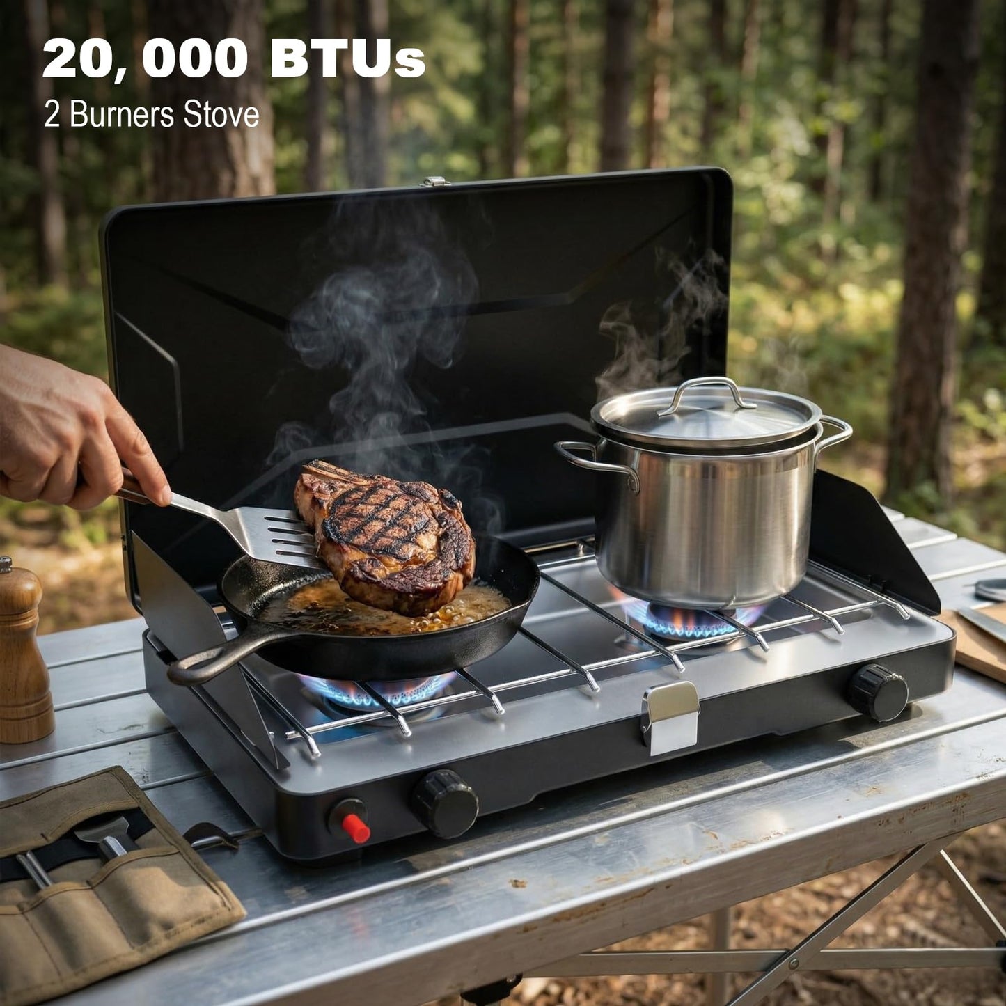 Portable Camping Stove, Propane Gas Camping Cooktop, 2 Burner, 20000 BTUs, Windscreen, Instant Ignition with Adjustable Burners Pressure Regulator for Camping Cooker BBQ Tailgating RV (Black)