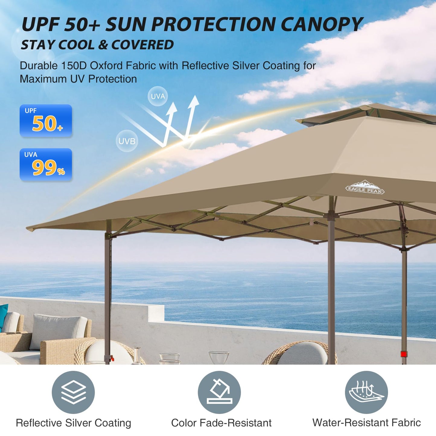 EAGLE PEAK 13x13 Straight Leg Pop Up Canopy Tent Instant Outdoor Canopy Easy Single Person Set up Folding Shelter w/Auto Extending Eaves 169 Square Feet of Shade (Beige)