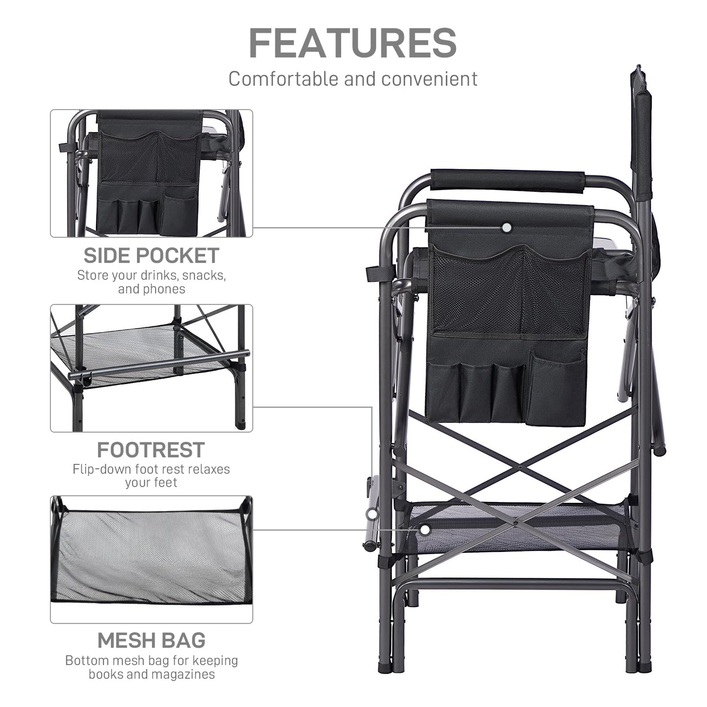 EVER ADVANCED 30.7" Seat Height Directors Chair for Makeup Artist with Side Table Easy Get in Out for Elderly Tall Camping Chair Supports 350lbs Black
