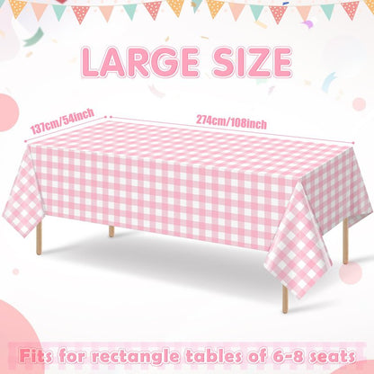 YIDAKO 3pcs 54X108inch Pink Checkered Tablecloth,Pink Gingham Tablecloths Buffalo Plaid Disposable Plastic Table Covers for Birthday Baby Shower Bridal Wedding Party Birthday Decorations