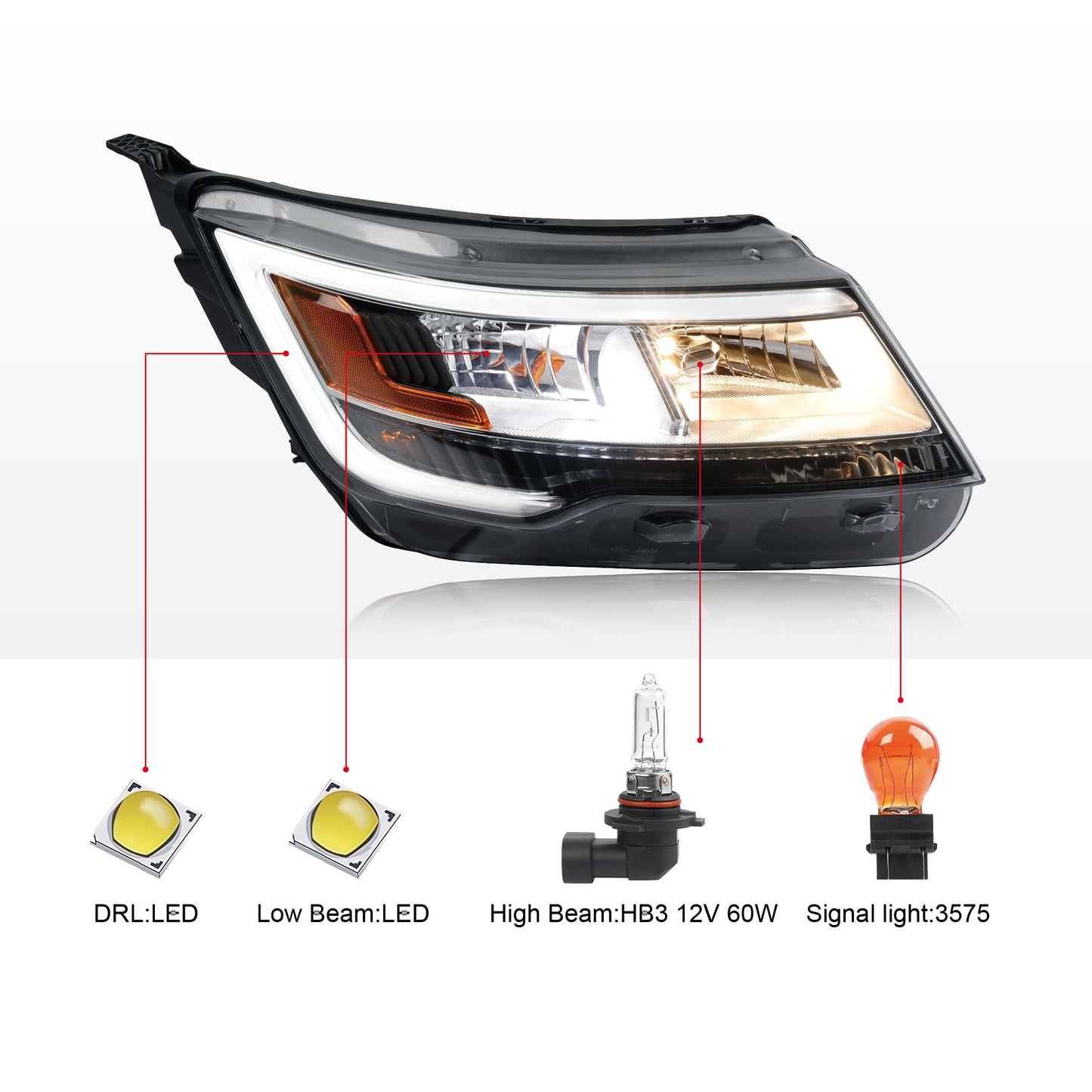 AutoZest Chrome Bezel LED Headlight W/o LED control module Assembly Compatible With 2016-2019 Ford Explorer Sport/Limited/XLT/Platinum Headlamp W/LED DRL Right Passenger Side FO2519130