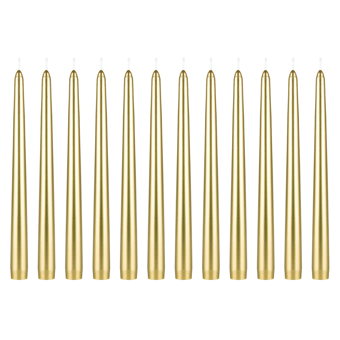 Mega Candles 12 pcs Unscented Gold Taper Candles, Hand Poured Wax Candle 10 Inch x 7/8 Inch, Home Décor, Wedding Receptions, Centerpieces, Occasions, Romantic Dinners, Prayer, Candle Holders
