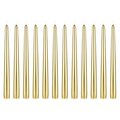 Mega Candles 12 pcs Unscented Gold Taper Candles, Hand Poured Wax Candle 10 Inch x 7/8 Inch, Home Décor, Wedding Receptions, Centerpieces, Occasions, Romantic Dinners, Prayer, Candle Holders