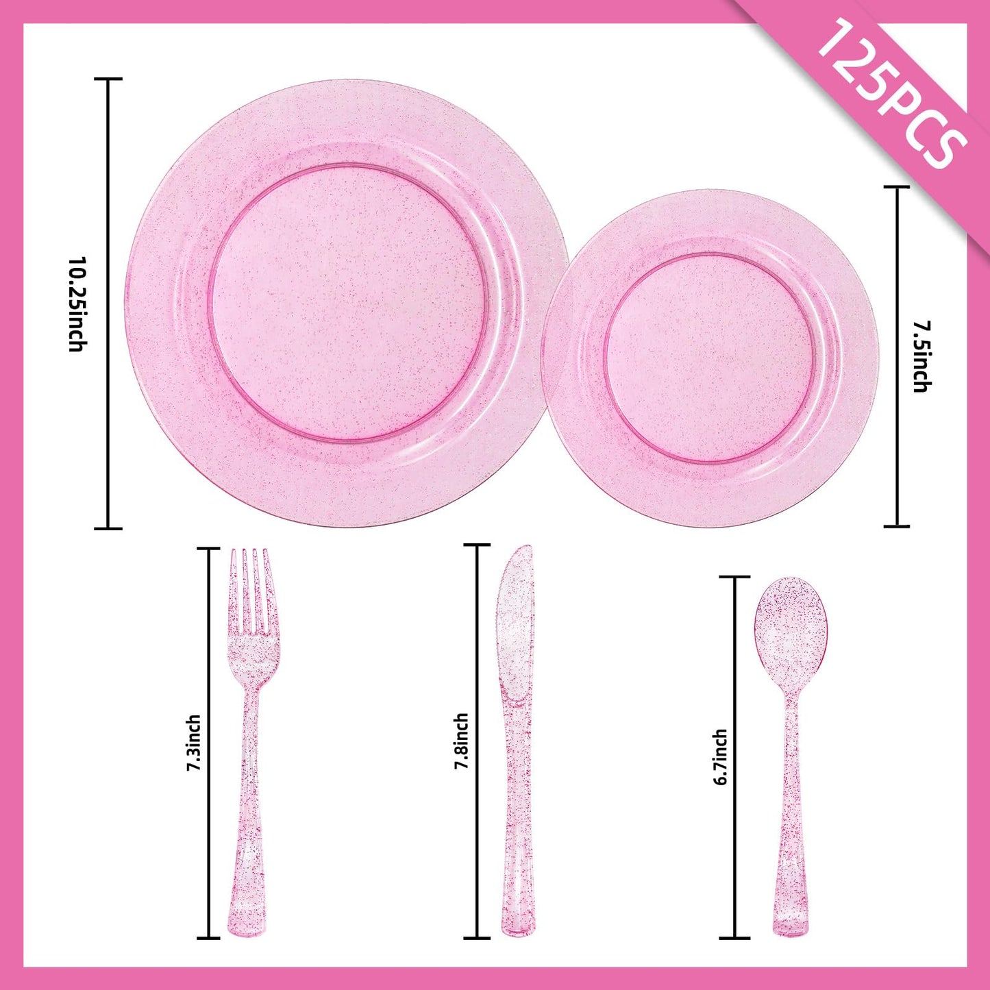 joy akkess 125 PCS Hot Pink Plastic Plates with Pink Plastic Silverware include 25 Dinner Plates 10.25”, 25 Dessert Plates 7.5”, 25 Forks, 25 Knives, 25 Spoons for Birthday, Bridal Shower,Girl Party
