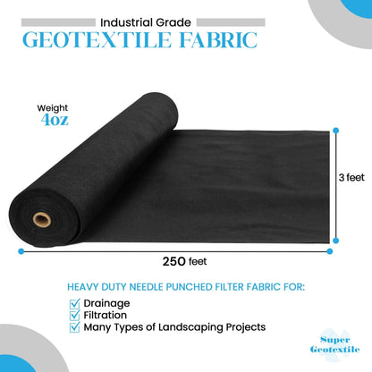 Super Geotextile 4, 6, 8 oz Non Woven Fabric for Landscaping, French Drains, Underlayment, Erosion Control, Construction Projects - 4 oz (3X250)