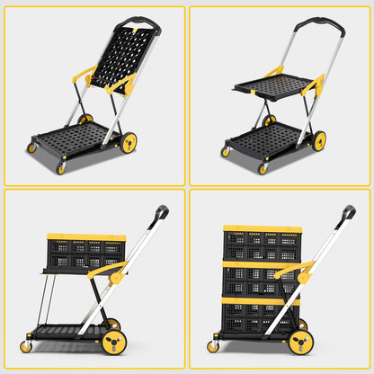 TOLRET Collapsible Shopping Cart with Wheels, 200 lbs Capacity Grocery Cart on Wheels with Storage Crate, Platform Hand Truck with Foot Brake, Yellow
