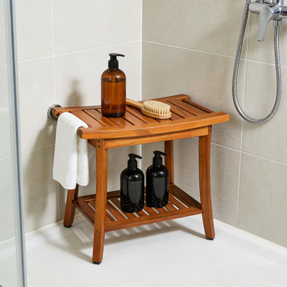 Utoplike Teak Shower Bench Seat with Handles and 24 x 16 inch Teak Wood Bath Mat Set
