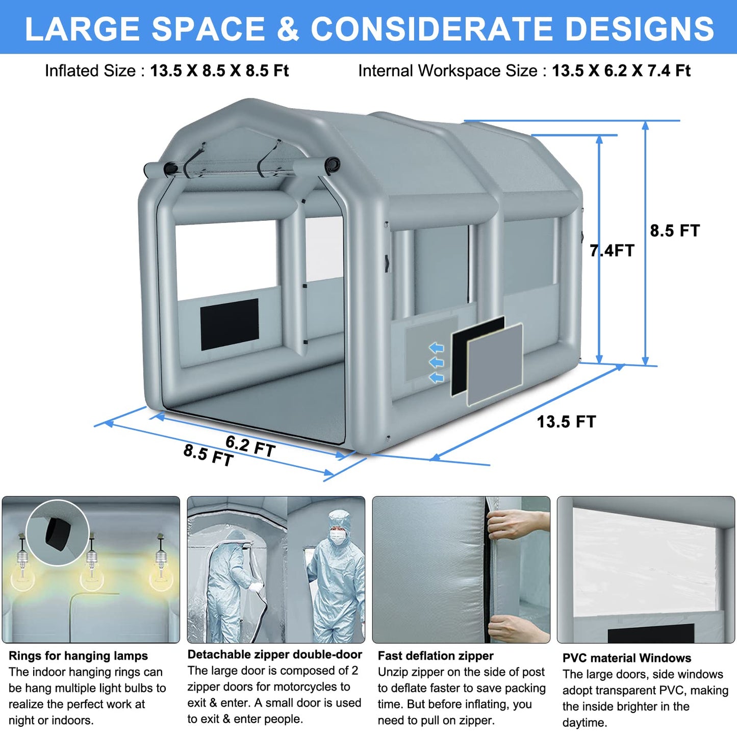 GZKYYLEGS Inflatable Paint Booth 13.5X8.5X8.5Ft with 750W Blower, Professional Portable Inflatable Spray Booth Tent for Motorcycles, Auto Parts, Furnitures or Other Items Painting and Drying